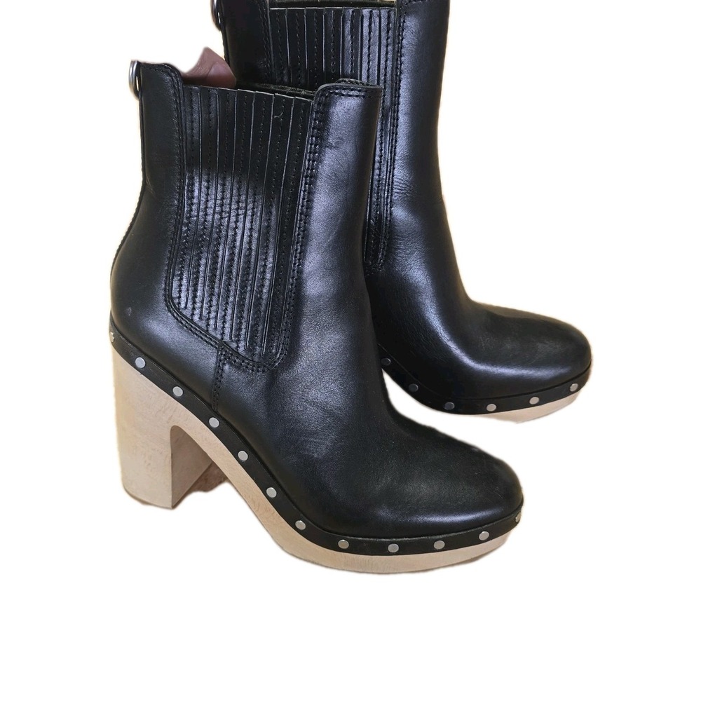 PAIGE Stella Black Leather Clog Boots Studded Wooden Platform Size 39 US 8.5-9